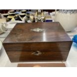 A MOTHER OF PEARL MAHOGANY BOX CONTAINING A QUANTITY OF HABERDASHERY ITEMS