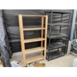 A WOODEN FIVE TIER SHELVING UNIT AND A FIVE TIER PLASTIC SHELVING UNIT