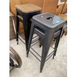 FOUR METALWARE INDUSTRIAL STYLE STOOLS, TWO WITH WOODEN SEATS