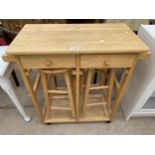 A MODERN KITCHEN WORK TABLE ENCLOSING TWO STOOLS, DROP-LEAF, TWO DRAWERS AND TWO TOWEL RAILS, 31"