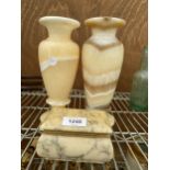 A NEAR PAIR OF ALABASTER VASES AND AN ALABASTER TRINKET BOX