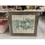 A LARGE EDITH LE BRETON SIGNED PRINT TITLED 'A MILL TOWN PROCESSION' 80CM X 73CM