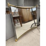 A MODERN PARTLY BRASS FRAMED WALL MIRROR, 34X30"