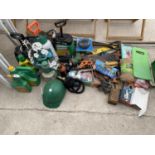 AN ASSORTMENT OF ITEMS TO INCLUDE GARDEN SPRAYERS, VINTAGE TOOLS AND TINS ETC