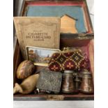 A MAHOGANY BOX CONTAINING COSTUME JEWELLERY, OPERA GLASSES, A LIMOGES PIN TRAY, PEWTER BOX AND TREEN