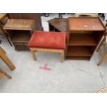 A SMALL OPEN MAHOGANY BOOKCASE AND FOLD OVER STOOL/LUGGAGE STAND