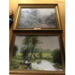 A FRAMED OIL ON BOARD OF A RIVER SCENE AND A PRINT OF A COTTAGE