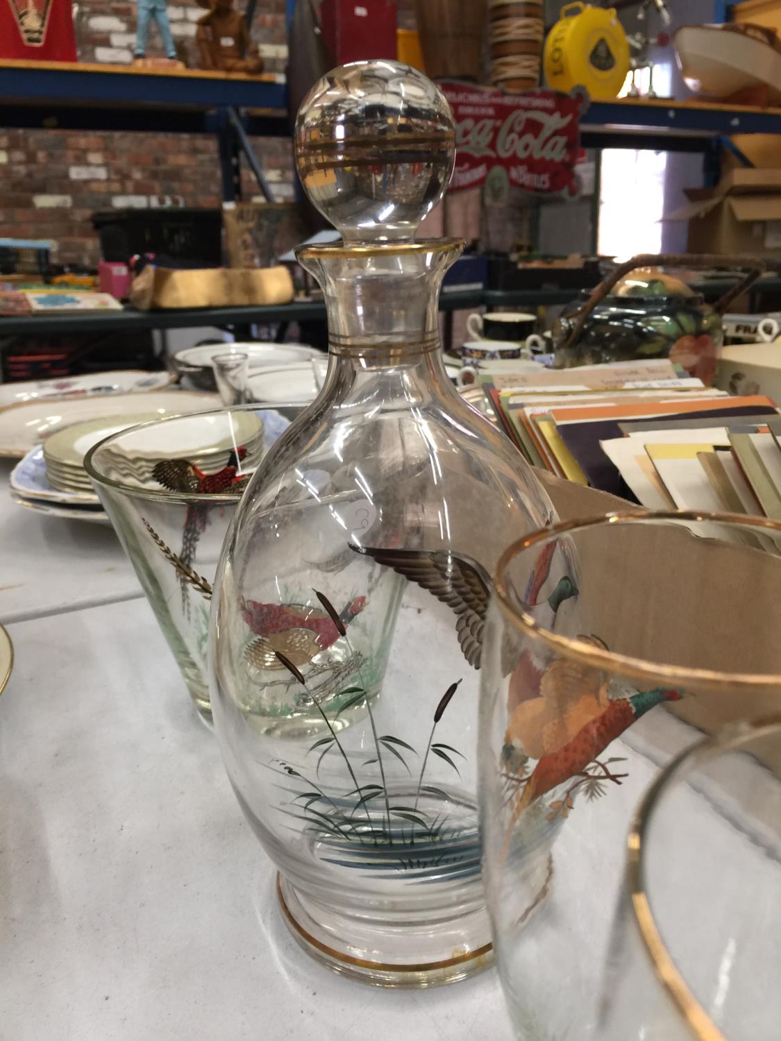 A SET COMPRISING A DECANTER, ICE BUCKET AND SIX GLASSES DEPICTING PHEASANTS - Image 2 of 3