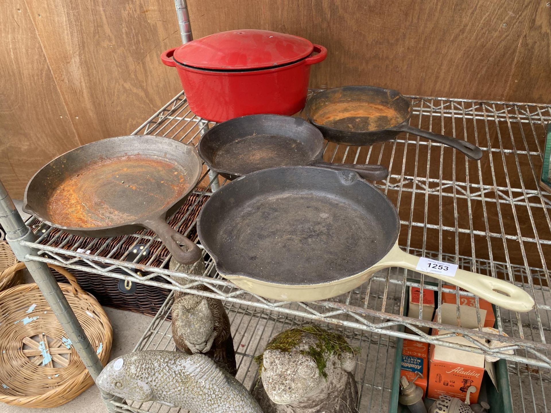 AN ASSORTMENT OF FIVE CAST IRON PANS TO INCLUDE FOUR SKILLETS AND A COOKING POT