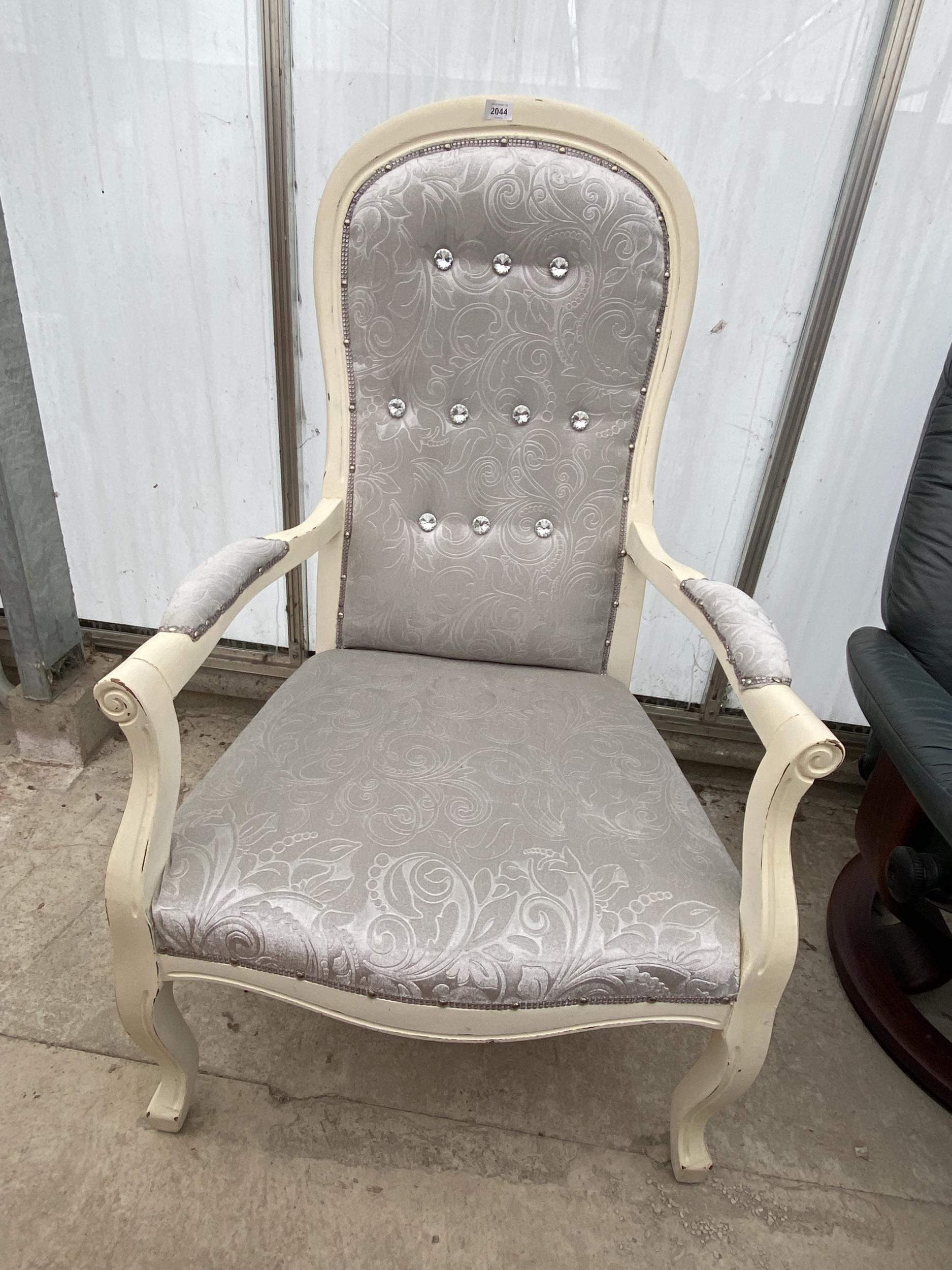 A PAINTED VICTORIAN STYLE OPEN ARMCHAIR