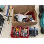 AN ASSORTMENT OF TOOLS TO INCLUDE HAMMERS, PLIERS AND SCREW DRIVERS ETC
