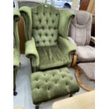 A MODERN GREEN WINGED BUTTON-BACK CHAIR ON CABRIOLE LEGS, COMPLETE WITH MATCHING STOOL