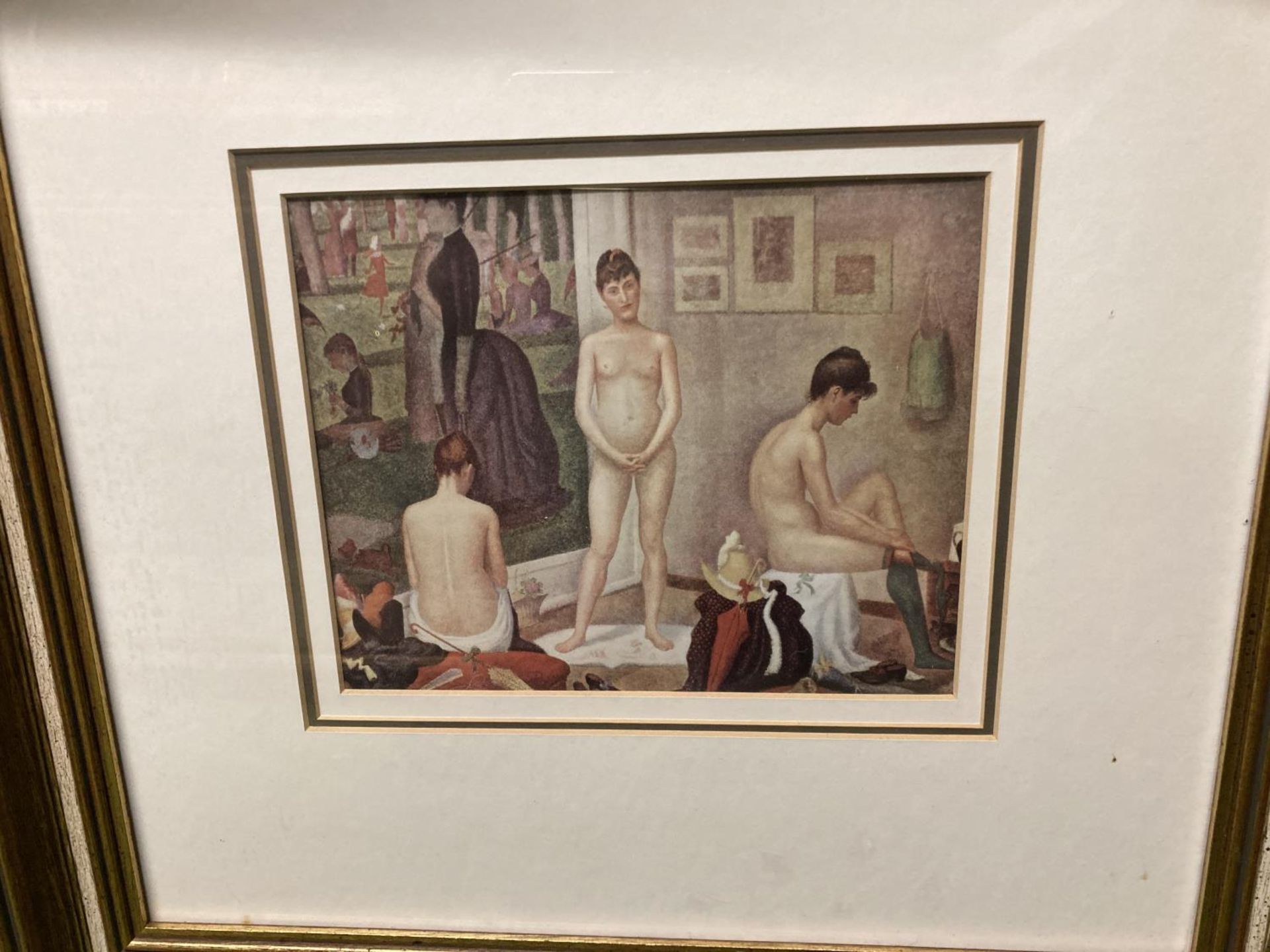 TWO FRAMED VINTAGE PRINTS, ONE ENTITLED 'LES POSEUSES' THE OTHER A CLASSICAL PRINT