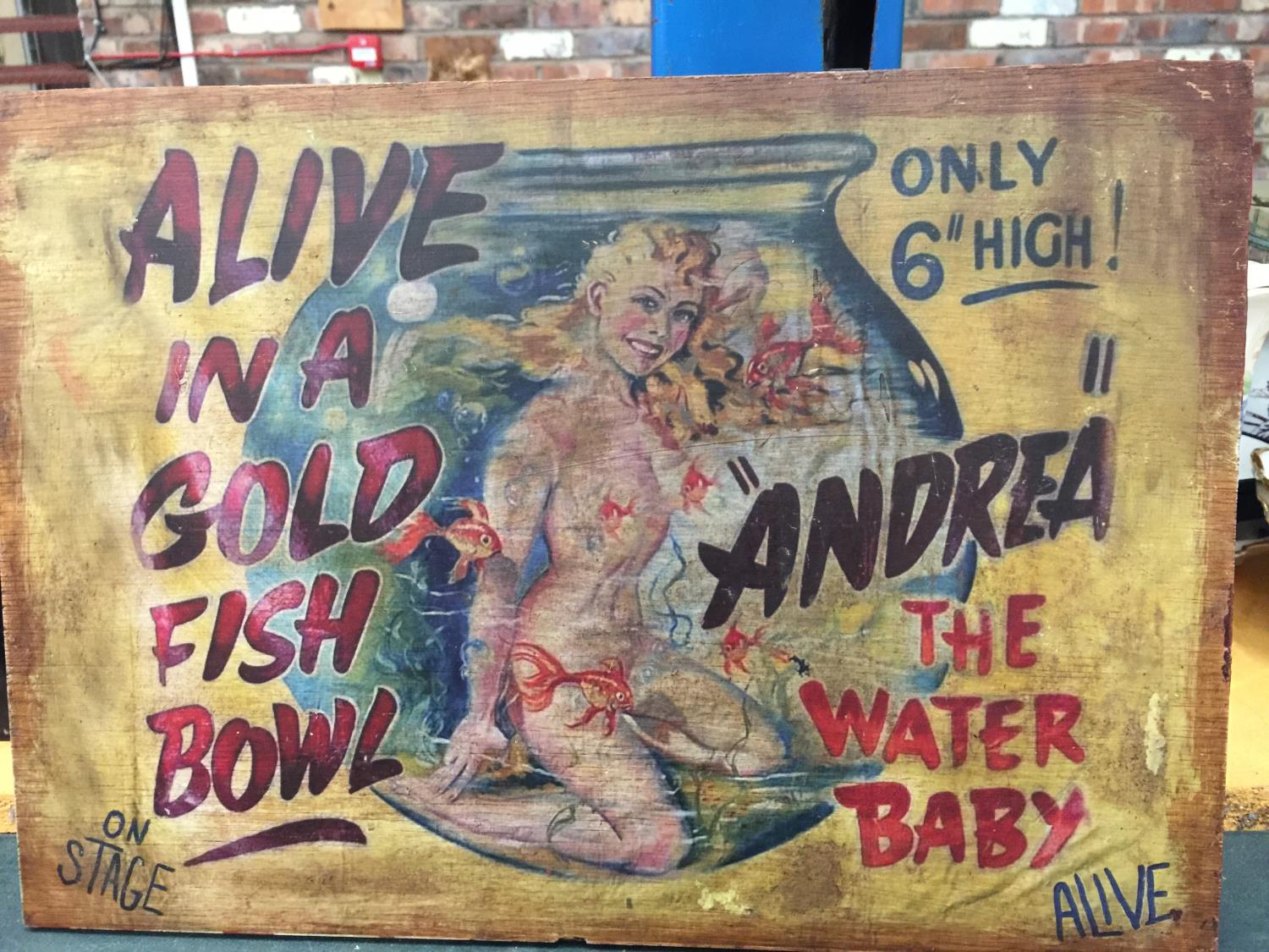 A WOODEN CIRCUS SIGN FEATURING ANDREA THE WATER BABY ALIVE IN A GOLDFISH BOWL