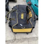 A DEWALT TOOL BAG WITH AN ASSORTMENT OF TOOLS TO INCLUDE HAMMERS, CHISELS AND CROW BARS ETC