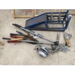 AN ASSORTMENT OF ITEMS TO INCLUDE METAL CAR RAMPS, A BLOCK AND TACKLE AND GARDEN SHEARS ETC