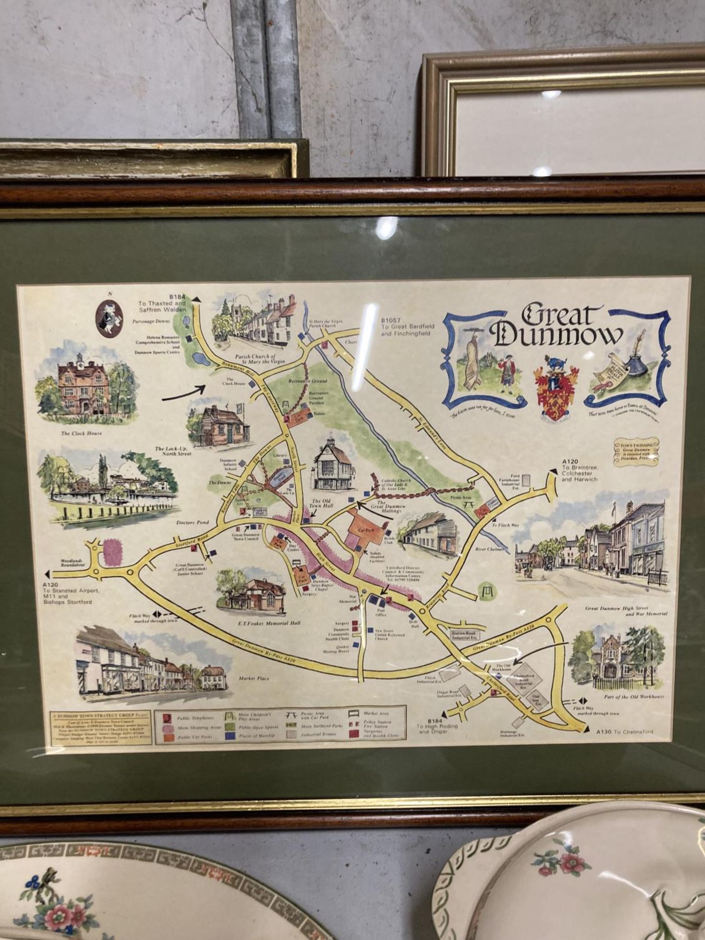 FOUR FRAMED PRINTS - MAP OF GREAT DUNMOW, IRON BRIDGE, COLBROOK DALE, COTTAGES, ETC - Image 2 of 4