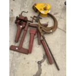 AN ASSORTMENT OF TOOL ATTATCHMENTS TO INCLUDE A I TONNE PULLEY, AND JACK HAMMER CHISELS ETC