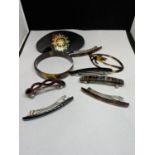 VARIOUS TORTOISE SHELL STYLE HAIR CLIPS, BANGLE AND PENDANT