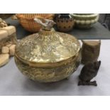 A VINTAGE INDIAN BRASS COVERED BOWL AND TWO BRASS OWLS, ONE WITH A HINGED HEAD