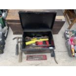 A METAL TOOL CHEST WITH AN ASSORTMENT OF TOOLS TO INCLUDE SPANNERS AND HAMMERS ETC