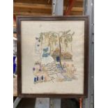 A LARGE FRAMED NEEDLEWORK OF A COTTAGE AND GARDEN SCENE 62CM X 54CM