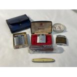 VARIOUS ITEMS TO INCLUDE THREE LIGHTERS, TWO PENKNIFES, A LEATHER PURSE WITH COINS ETC