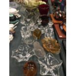 A QUANTITY OF GLASSWARE TO INCLUDE AMBER AND RUBY COLOURS, CANDLESTICKS, BASKETS, BOWLS, ETC