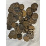 A BAG CONTAINING NINETY FOUR QUEEN VICTORIA, GEORGE V AND GEORGE VI ONE PENNIES AND A CASE