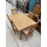 A MODERN OAK EXTENDING DINING TABLE, 47X32" (LEAF 16") AND FOUR CHAIRS