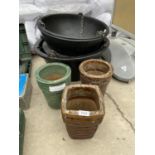 THREE GLAZED PLANT POTS AND TWO PLASTIC HANGING PLANTERS