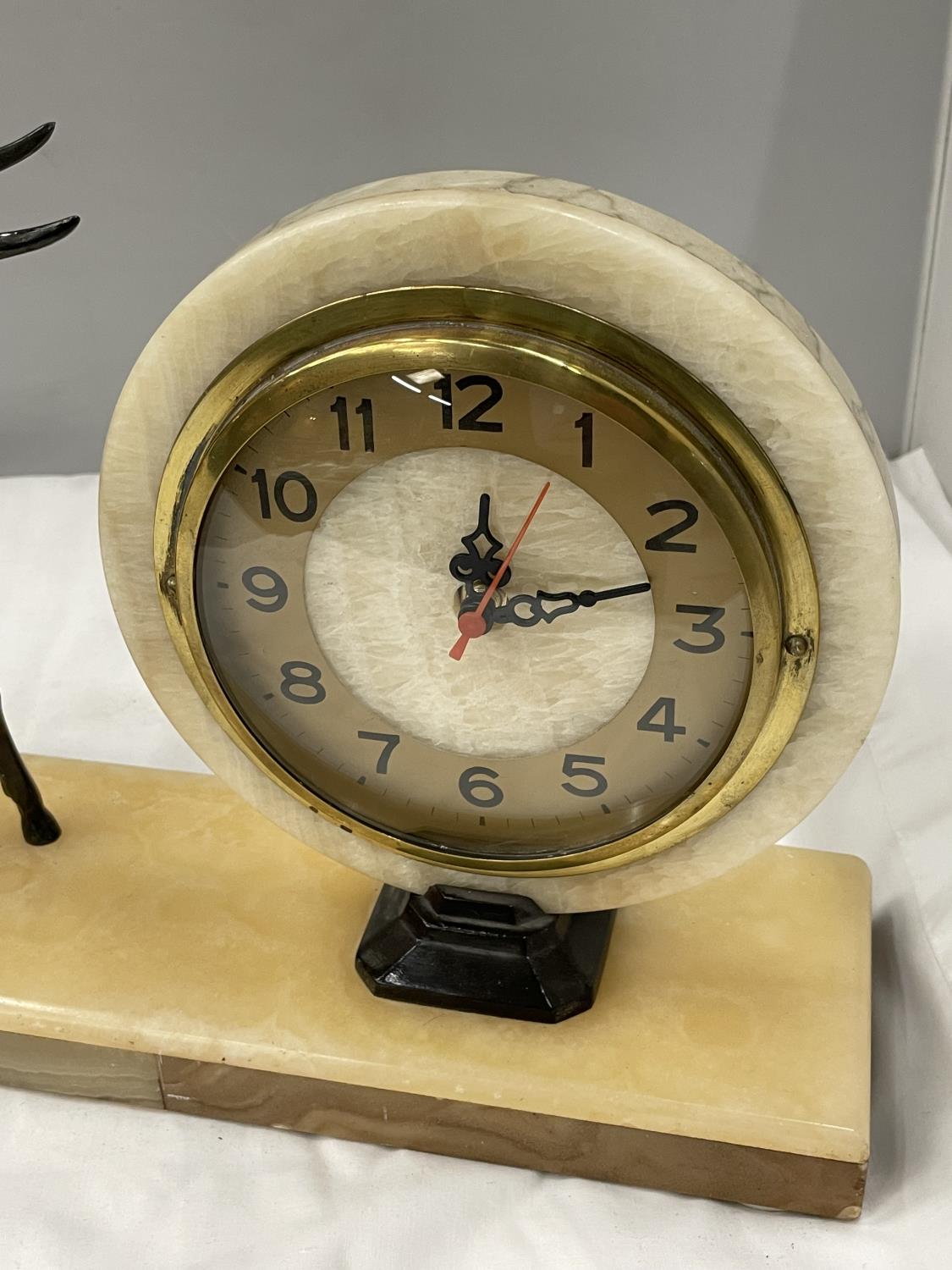 A MARBLE CIRCULAR CLOCK ON A MARBLE BASE WITH A METAL GAZELLE DECORATION BASE 40CM X 10CM - Image 2 of 4