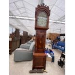 A 19TH CENTURY MAHOGANY AND INLAID EIGHT-DAY LONGCASE CLOCK WITH PAINTED ENAMEL DIAL, HAVING