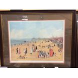 A FRAMED SIGNED HELEN BRADLEY PRINT TITLED 'BLACKPOOL SANDS WITH PUNCH AND JUDY SHOW' 84CM X 70CM