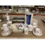 A COLLECTION OF ITEMS TO INCLUDE CHINA COFFE CANS AND SAUCERS, FIELDINGS WARE, 'HARLEQUIN'