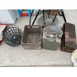 AN ASSORTMENT OF ITEMS TO INCLUDE HANGING BASKETS, TIN BATHS AND A JERRY CAN