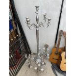 FIVE VARIOUS CANDLE HOLDERS TO INCLUDE A TALL FOUR BRANCH CANDELABRA