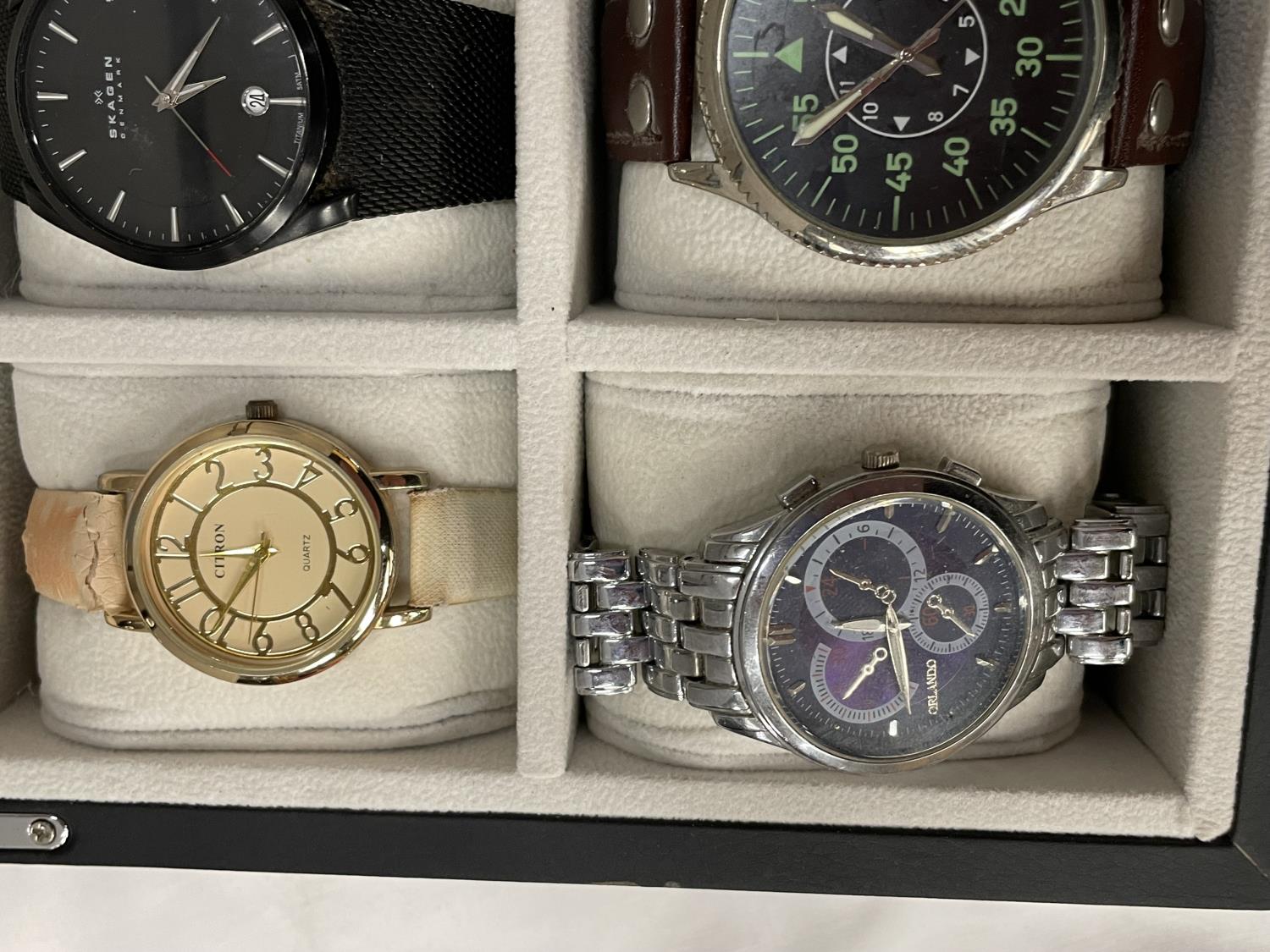 TWELVE VARIOUS WATCHES IN A PRESENTATION BOX TO INLCUDE TWO SKAGEN, A JAGUAR, DKNY ETC - Image 9 of 10