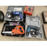 AN ASSORTMENT OF POWER TOOLS TO INCLUDE A BLACK AND DECKER SAW, A BLACK AND DECKER DRILL AND A