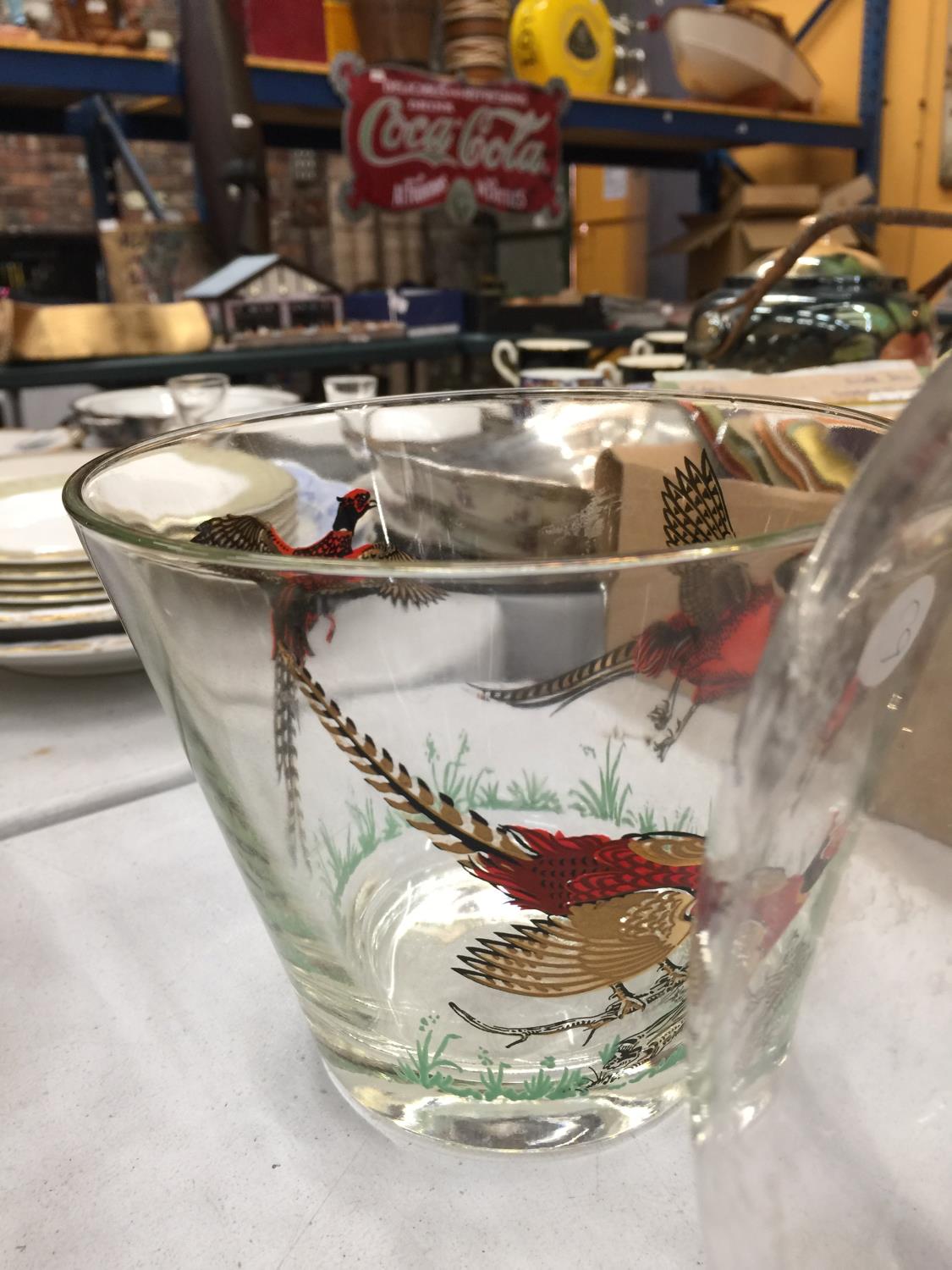 A SET COMPRISING A DECANTER, ICE BUCKET AND SIX GLASSES DEPICTING PHEASANTS - Image 3 of 3