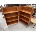 A PAIR RETRO TEAK FOUR TIER OPEN BOOKSHELVES 33.5" WIDE ON KICK-OUT BLACK LEGS