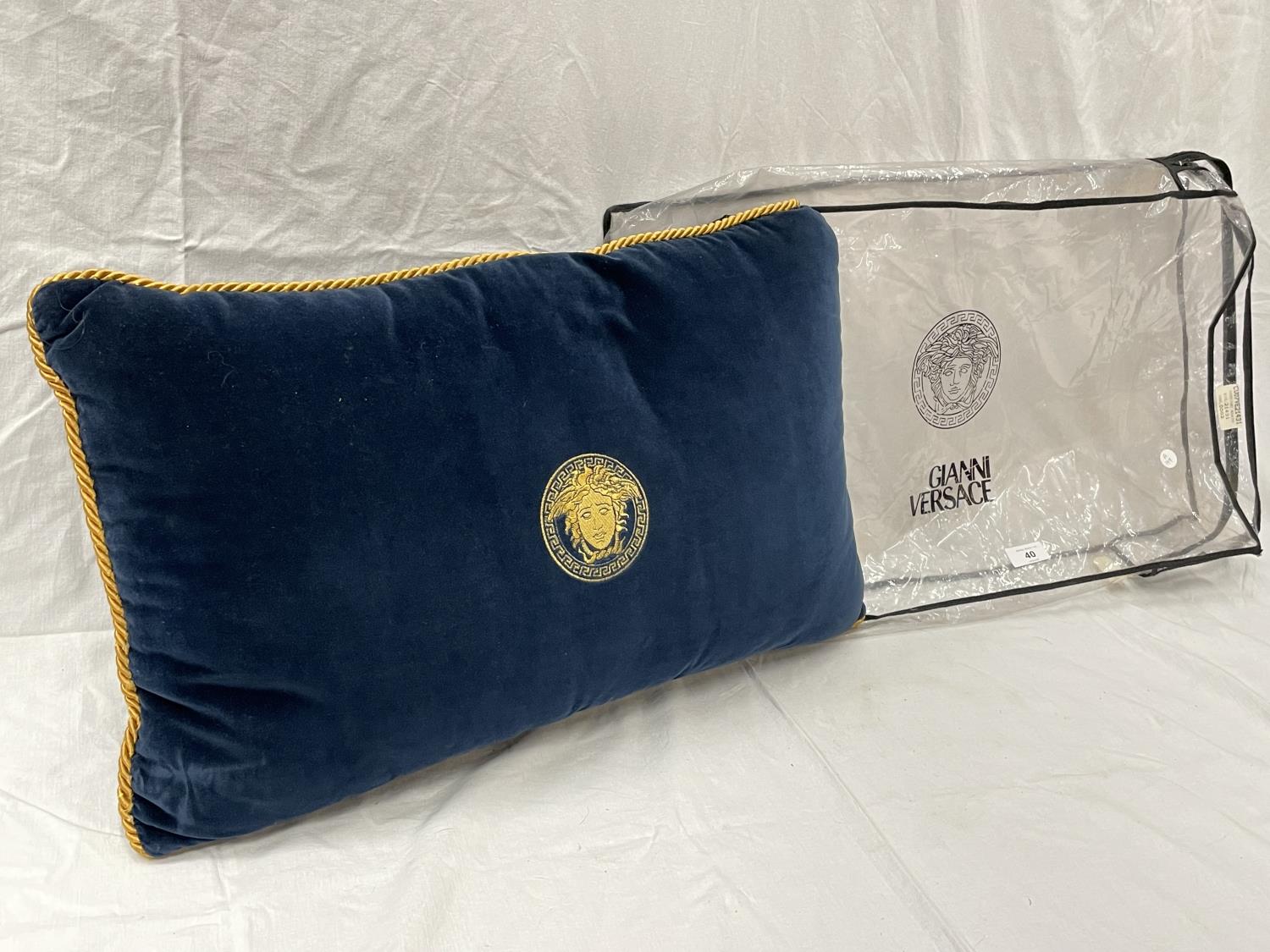 A GIANNI VERSACE BLUE VELVET PILLOW WITH GOLD TRIM DESIGN CU07VE21431 SIZE 45CM X 70CM IN ORIGINAL