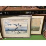 TWO LARGE FRAMED PRINTS SIGNED BY ELIZABETH GRAY, ONE OF DUCKS FLYING OVER WATER, THE OTHER