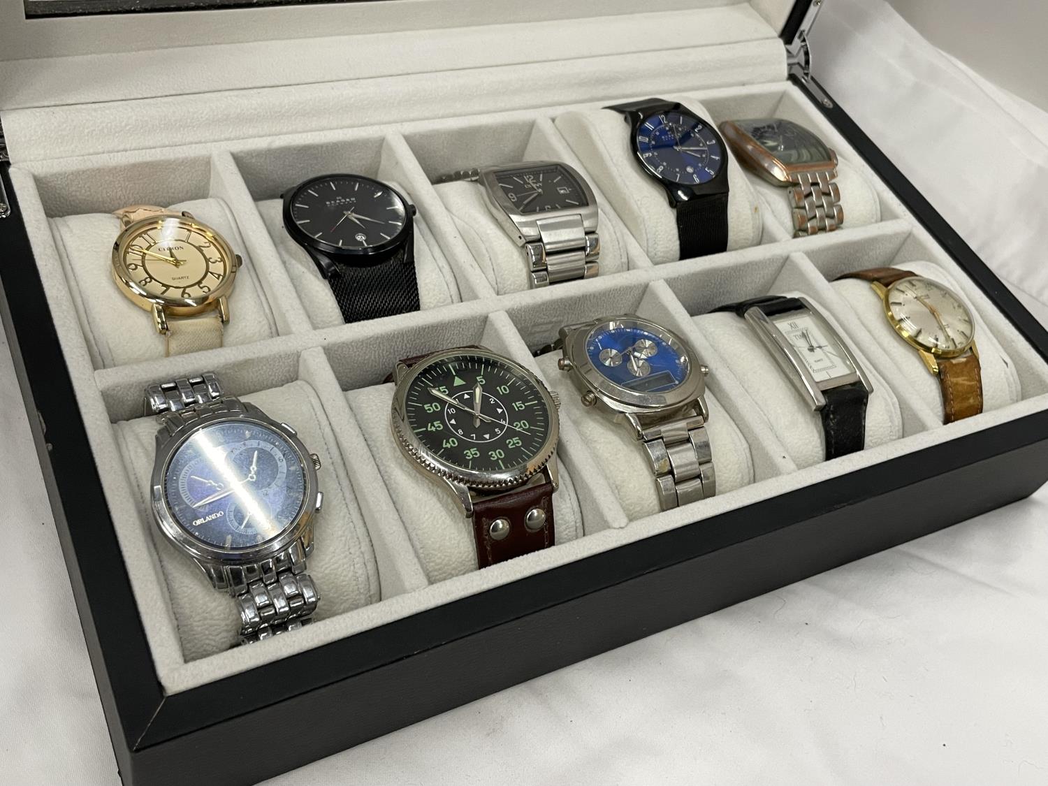 TWELVE VARIOUS WATCHES IN A PRESENTATION BOX TO INLCUDE TWO SKAGEN, A JAGUAR, DKNY ETC - Image 3 of 10