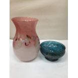 A PINK VASART GLASS VASE HEIGHT 24CM PLUS A ROYAL BRIERLEY BLUE AND GOLD COLOURED STUDIO GLASS