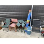 FIVE VARIOUS FOLDING CHAIRS, A COOL BOX AND A WIND BREAK