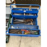 A BLUE METAL TOOL BOX WITH AN ASSORTMENT OF TOOLS TO INCLUDE SPANNERS AND SOCKETS ETC