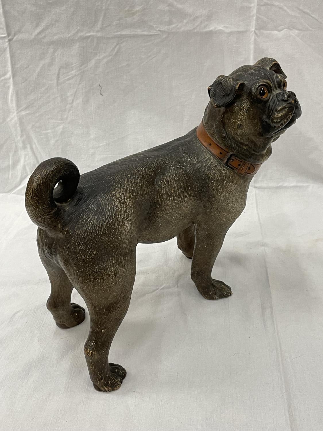 A LATE 19TH CENTURY AUSTRIAN HAND PAINTED TERRACOTTA PUG NOSED DOG HEIGHT 31CM A/F - Image 3 of 5