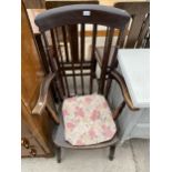 A PAINTED ELM AND BEECH SPINDLE BACK FARMHOUSE TYPE CHAIR BEARING STAMP GHF