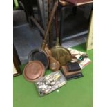 A COPPER WARMING PAN, BRASS WARMING PAN, VINTAGE FLATWARE, BAROMETER, MUSIC, RECORDER, BOOKS, ETC